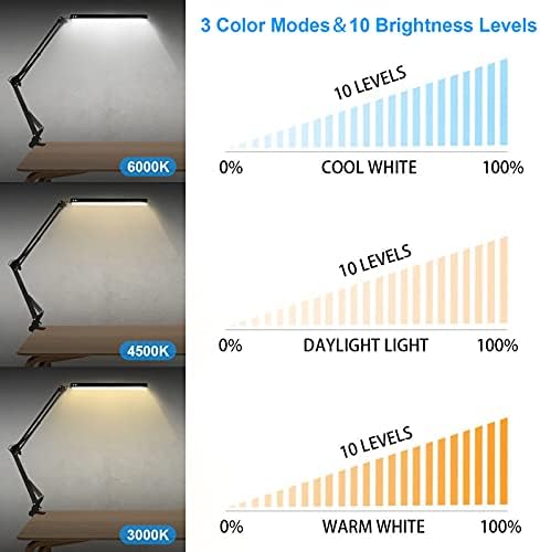 Lâmpada de mesa LED de Hafundy, luz da mesa de carregamento para os olhos ajustável com grampo, lâmpada de braço oscilante inclui 3 modos de cores, 10 níveis de brilho luminárias de mesa com função de memória, lâmpada de mesa para casa, escritório, leitura