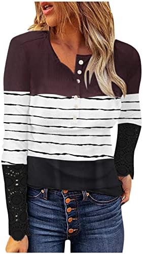 Camisa listrada Henley Mulheres 1/4 Button Up Blusa Clearia Slim Fit Fit Lace