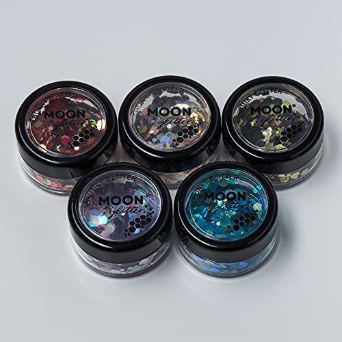 Glitter místico robusto por lua glitter - glitter cosmético para rosto, corpo, unhas, cabelos e lábios - 0,10oz - conjunto de 5