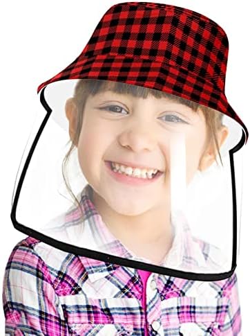Chapéu de proteção para adultos com escudo facial, chapéu de pescador anti -sun tap, xadrez vintage vermelho preto