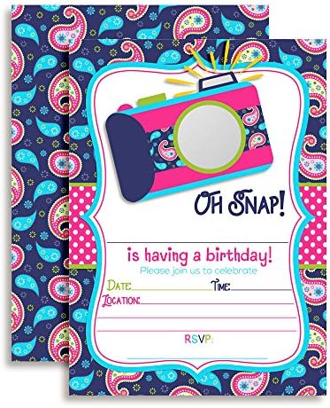 Oh Snap! Convites de festas de aniversário com tema de câmera para meninas, 20 5 x7 preenchem cartões com vinte envelopes