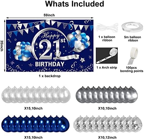 Banco de aniversário de prata azul 21st Banner Banner com confetes Arco de Garland Balloon, Feliz Balão de 21 Balões de Balões de