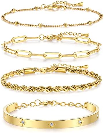 Pulseiras de ouro delicadas para mulheres 18k Bracelets empilháveis ​​ajustáveis ​​de ouro 18k Pulseiras empilháveis ​​conjuntos
