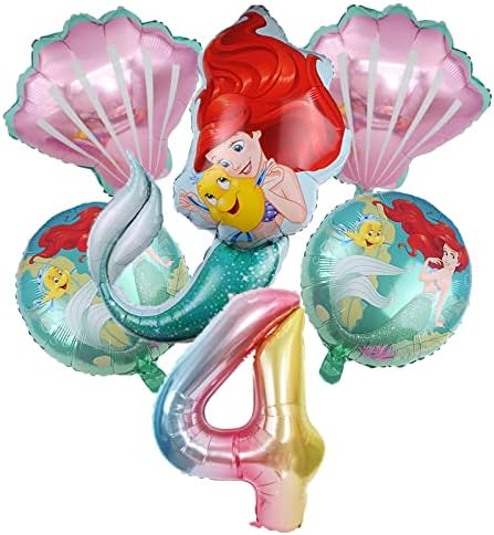 6pcs 4ª Decorações de aniversário de sereia Little Mermaid Foil Balloons for Kids 4th Aniversário Princesa Sereia Decorações