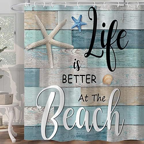 Cortina de chuveiro de praia, citação de madeira de madeira rústica Palavras de decoração de tecido de verão, cortina