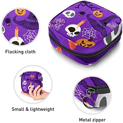 Bolsa de armazenamento de guardanapos sanitários, bolsas de zíper menstrual reutilizável portátil, bolsa de armazenamento de tampão para mulheres meninas, Purple Halloween Skull Pumpkin