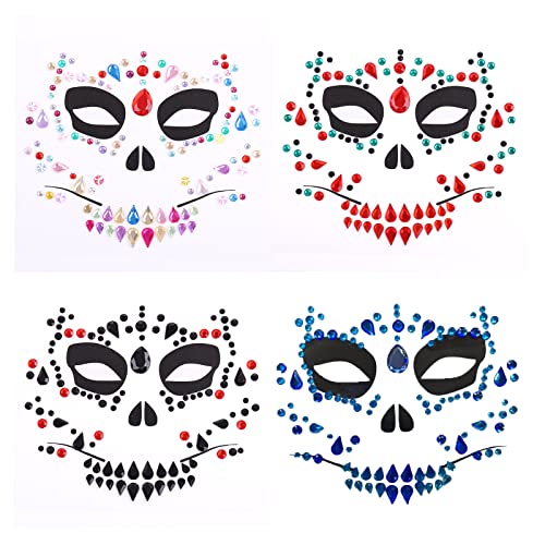 4 PCs Halloween adesivos temporários dia do rosto gemas jóias mulheres skull skull shinestone miséria face tatuagem tatuagem maquiagem