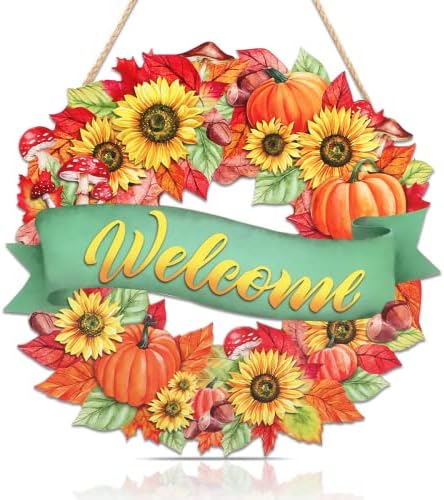 Vintage Ação de Graças Bem -vindo a lenha Pendurada, Happy Harvest Flowers Sign com abóboras folhas de bordo avelãs,