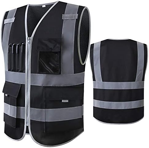 Colete de segurança preto refletindo com colete de construção de bolso e zíper com listras reflexivas de alta visibilidade de roupas de trabalho