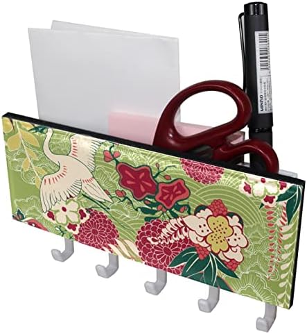 Organizador tradicional de padrão de flor de flores de onda verde de guindaste japonesa com 5 ganchos parede banheiro da cozinha rack de prateleira prateleira de armazenamento multifuncional