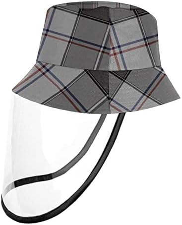 Chapéu de proteção para adultos com escudo facial, chapéu de pescador anti -sun tap, xadrez cinza azul vintage manta vintage