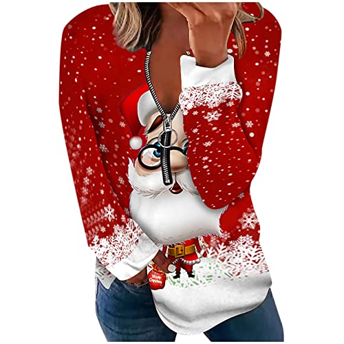 Quarto zip Sorto para Womens Christmas Tops com Papai Noel Blusa de pulôtera gráfica impressa camisas de manga longa