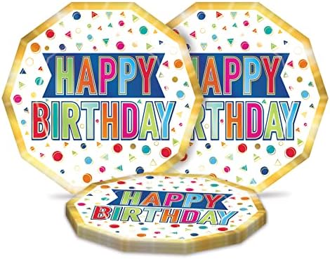 Beistle 16 peças Decágono colorido Placas de papel de feliz aniversário, suprimentos descartáveis ​​de festas de mesa
