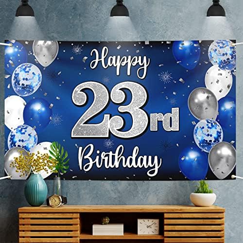 Nelbiirth Feliz 23º aniversário decorações, 23º Balão Azul e Prata Balanador Grande Banner Balanço Pedido, 23º Bestão de Festas de Festas.