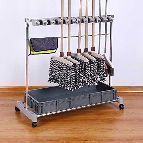 O rack de vassoura e esfregão de piso pode ser movido, carrinho de ferramentas de limpeza, organizador de vassoura móvel,