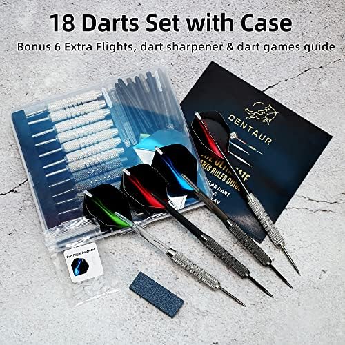 Centaur 18 Pack Steel Dip Darts, Professional 18 gramas Dirtts Metal Tip Set com 3 cores de eixos de plástico premium e voos para