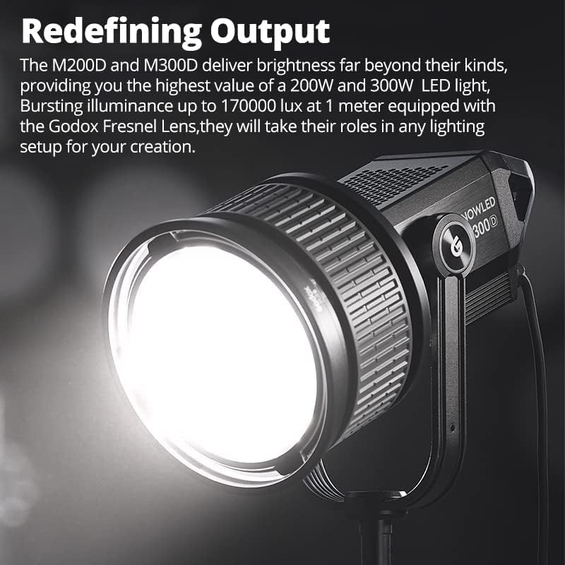 Luz de vídeo LED de Godox M300D, Luz de Vdier, Max 330W 5600K 100000LUX CRI 96+ TLCI 97+, Efeitos embutidos de 12 fx para filmes,