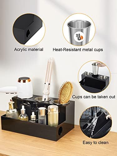 Organizador da ferramenta de cabelo acrílico Smarrake, suporte para secador de cabelo com 3 xícaras de metal, organizador de ferramentas