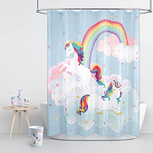 Criação de Criação para Casa Allure Coleção de banheiros de 5 peças Rainbow: Cortina de chuveiro, dispensador de sabão, porta-escova de dentes, copo e cesta de resíduos