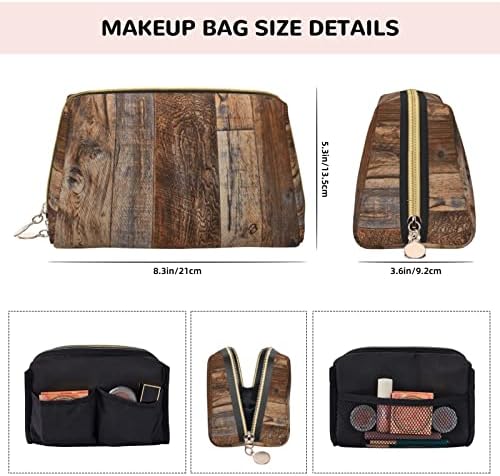 Psvod Brown Wooden Leather Cosmetic Saco, bolsa de cosméticos com zíper, bolsa de cosméticos portáteis para mulheres e meninas