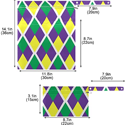 VISESUNNY MARDI GRAS PRIMEIRA RESUMO 2PCS Bolsa úmida com bolsos com zíper Saco de fraldas espaçosas reutilizáveis ​​para