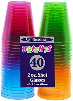 Party Essentials Plastic Plástico de 2 onças de tiro/tiro de tiro, 40 contagens, néon variado
