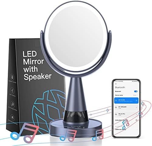 Espelho de maquiagem iluminado por chiclew com alto -falante Bluetooth, espelho de ampliação da vaidade LED com luzes, brilho ajustável, iluminação recarregável de dupla face espelho de mesa de mesa 360 °