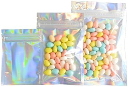 100pcs transparentes de brilho holográfico de zíper da frente frontal bolsas iridescentes bolsas de embalagem de embalagem de alimentos bolsas de armazenamento mylar bolsas de armazenamento prata 3x3.9in