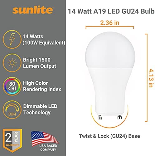 Sunlite 40224 lâmpada A19 LED, 14 watts 1500 lúmens, GU24 Twist and Lock Base, Dimmable, Ul listado, 2700k Warm White, 6 pacote