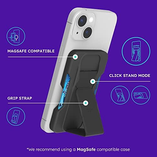 CLCKR Phone Titular & Wallet for MagSafe, Grip de dedos magnéticos e suporte de cartão, prevenção de gota, projetada para iPhone 14