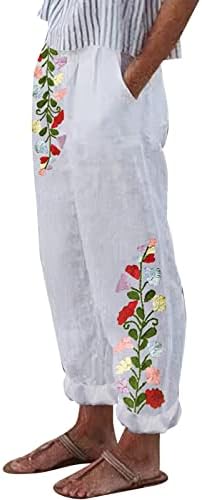 Calças de linho de algodão feminino com bolsos estampas florais praia Palazzo calça de calça elástica de cintura midrece