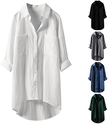 Angxiwan feminino botão para baixo camisas sólidas de manga comprida blusas de tamanho grande de algodão casual túática de túnica com bolso s-3xl