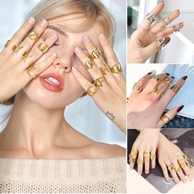 T3Store Gold cheio de letra inglesa A-Z anéis abrem o anel de alfabetismo inicial Jóias de festa feminina ajustáveis-cor de ouro-Redicável-35022