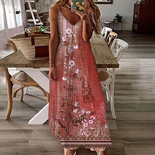 Hcjkdu Sundress for Women v pescoço espaguete com cinta sem mangas impressão floral maxi vestido de verão casual casual vestidos