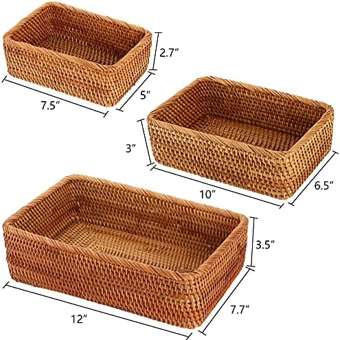 Zenfun 3 embalagem cestas de armazenamento retangular de vime, cestas de vime rasas em massa para decoração, cestas de pão de