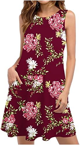 Vestido feminino para verão 2023 Dressão de tanque de praia Floral camiseta de verão bolsos casuais boho vestido