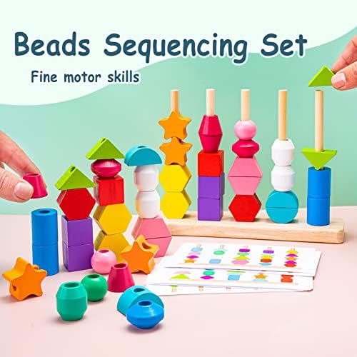 Flameflash Montessori brinquedos de sequenciamento de esferas, miçangas de madeira e formas de combinação de cores de empilhamento