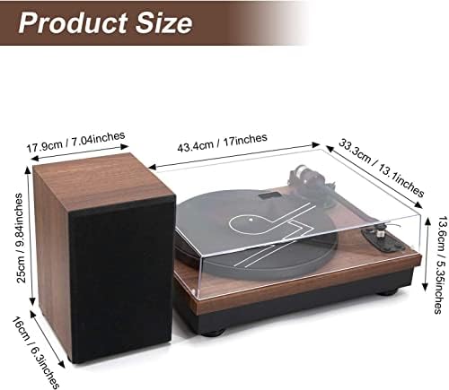 LP & No.1 Record Player, Bluetooth Hi-Fi System giratable com palestrantes de estante de estéreo duplos, jogador de LP de tração de correia com parada automática com cartucho de ímã AT-3600L, contrapeso ajustável, madeira de nogueira