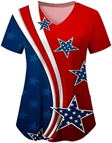 Camisas de verão das mulheres Mulheres Casual Independence Day Imprimir bolso de manga curta Top top V Camise de pescoço casual