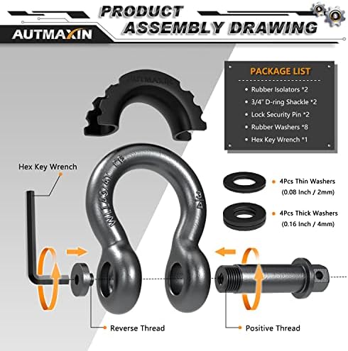 Autmaxin D Chaqueiro Ring 3/4 Milhas 58.000ibs quebram força com pino de segurança anti-loose de 7/8, Kits Isolator Kits Isolator Kits para reboque de guincho de alça