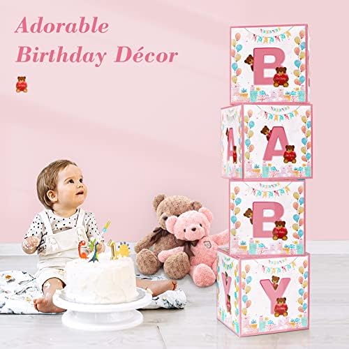 Shinowa Baby Boxes com letras para chá de bebê, 4 peças blocos de bebê para chá de bebê, balões e ursinho de ursinho de ursinho de bebê decorações para festa de aniversário para festa de aniversário, cenário de revelação de gênero, casamento, rosa
