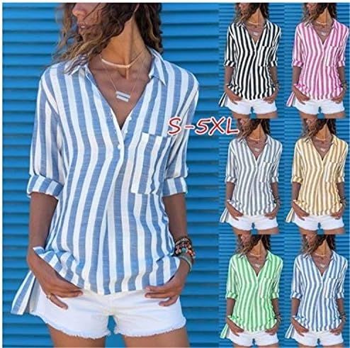 ANDONGNYWELLWWELL Feminino Casual V Neck Stripe de manga longa Cardigan Tops Camisetas de chiffon Camisa de lapela de lapela