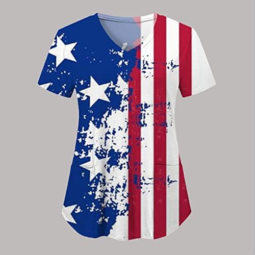 4 de julho T Cadeiras para mulheres American Flag Summer Sanve Camise de pescoço de pescoço com 2 bolsos