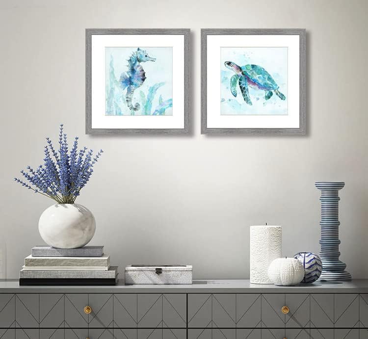 Seahorse & Sea Turtle 12 X12 Costeira Náutica Wallart Picture Printing Printing Printing | Conjunto de 2 | Tema da praia da Wall