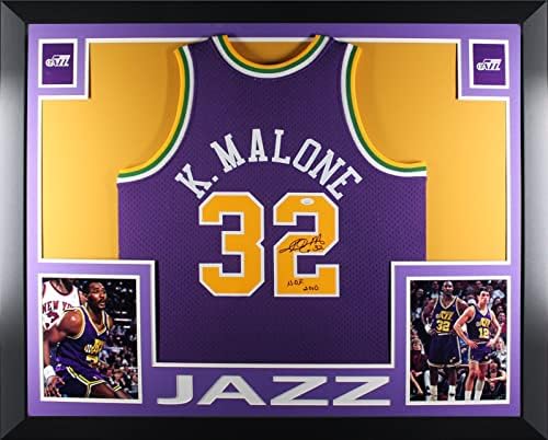Karl Malone autografou Utah assinou M&N Purple Swingman emoldurado Hall da Fama do Hall da HOF 2010 JSA COA