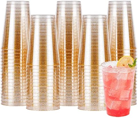 100pcs 14oz de xícaras de plástico glitter para festa, copos de plástico de ouro descartáveis, copos de coquetéis de plástico para