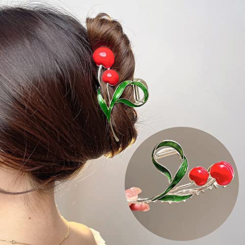 Clipe de cabelo de cereja com design de folhas verdes, grandes clipes de garra de cabelo mental, corrigos de cabelo de