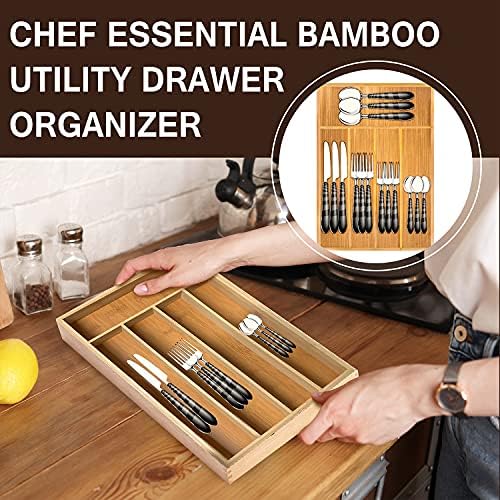 Chef essencial organizador de gavetas de utilidade de bambu, bandeja de talheres de cozinha, 5 compartimentos, sua gaveta ficará super arrumada com este divisor de bambu, tamanho perfeito 14,5 L x 10,25 W.