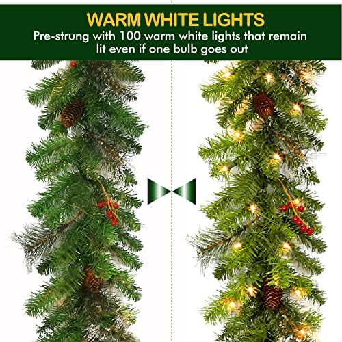 Hykolity 12 pés. Garland artificial de Natal com 100 luzes brancas quentes, guirlanda de Natal pré-iluminada para portas, janelas, lareiras, mantos de lareira, escada, adornada com pinhas, bagas vermelhas, plug-in