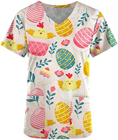 Páscoa de páscoa feminina uniforme de moda de moda ovos de coelho impressam camisa com bolsos V-G-Gerada Curta Manga curta Scrub_shirt